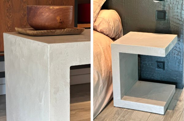 meuble d'appoint béton ciré / table basse - chevet - bout de canapé L’atelier Place est spécialisé dans la réalisation de mobilier d’intérieur sur mesure en béton ciré. Table basse béton ciré entièrement réalisée à la main et personnalisable. Table basse béton ciré sur mesure - plateau béton ciré - pieds métal ou bois- : table , table basse , meuble tv , desserte … C’est Innovant ! Grâce à la mise au point d’un concept innovant aussi bien dans la matière que dans la structure, les meubles béton ciré sont léger et facile d’entretien - Du choix ! Décliné dans une multitude de couleurs, de formes et de dimensions, le design est épuré et élégant, il répondra à toutes les attentes et les exigences de décorations - Unique ! Le rendu de la matière confère un aspect unique à chaque meuble. La vaste gamme de piètements proposés est personnalisable et les dimensions infinies pour personnaliser son meuble - Handmade ! Tous les meubles sont conçus et réalisés à la main de la tête aux pieds .Fabriqué sous 10 jours puis expédiés dans toute la France . Le béton ciré est un matériau moderne et esthétique qui combine l’apparence du béton avec une finition lisse et brillante. Il est souvent utilisé pour les revêtements de sols, murs, meubles, et même les plans de travail en raison de son aspect contemporain et de ses propriétés pratiques. Le béton ciré est apprécié pour sa résistance, sa durabilité et sa facilité d’entretien. Il est composé de béton, de pigments, de résines et d’autres additifs qui permettent de créer une finition lisse et uniforme BETON CIRE - TABLE -TABLE A DINER - TABLE SUR MESURE – TABLE BETON CIRE - TABLE REUNION - TABLE BASSE SUR MESURE – TABLE - BASSE BETON CIRE - TABLE BASSE – MEUBLE - MOBILIER SUR MESURE - MOBILIER BETON CIRE - FAIT MAIN – HANDMADE - PIEDS TABLE – PIEDS METAL - ILOT CENTRAL – BUREAU – SALON - SUR MESURE – DECORATION - DESIGN – MEUBLE - TABLE DE DINER – CUISINE – COMPTEMPORAIN - BOHEME CHIC - table béton ciré sur mesure - table fait main - table à diner - table repas - table salle à manger